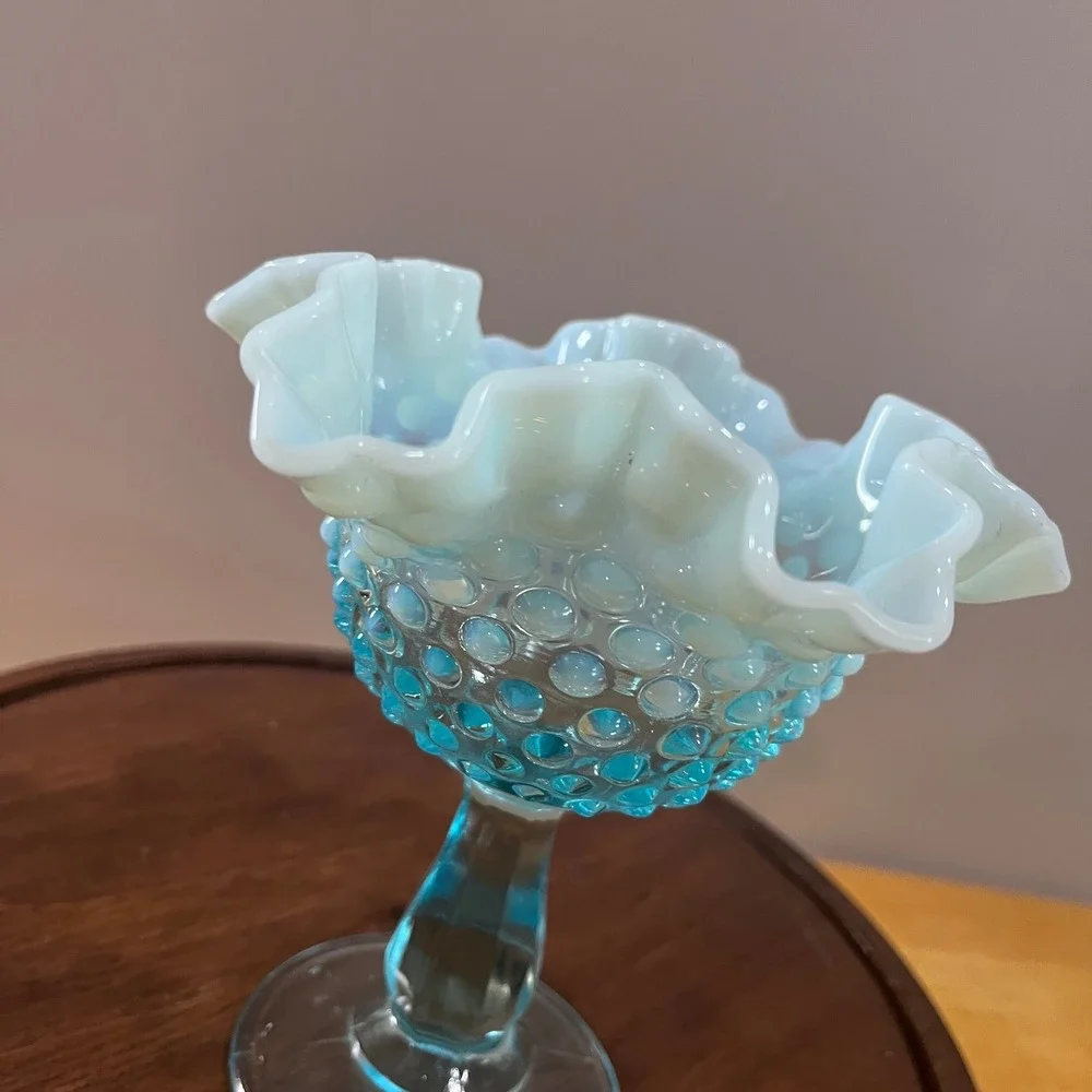 Vtg Fenton Blue Opalescent Hobnail Ruffled Glass Compote‎ MCM Candy Dish 6